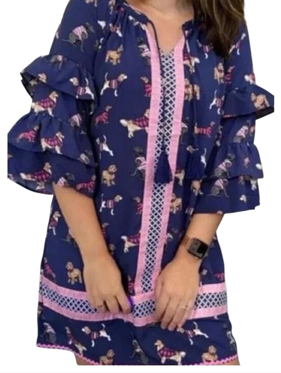 Simply Southern Dresses & Skirts - Simply Southern Ruffled Sleeve Dress Size XL Dog Print Navy & Pink